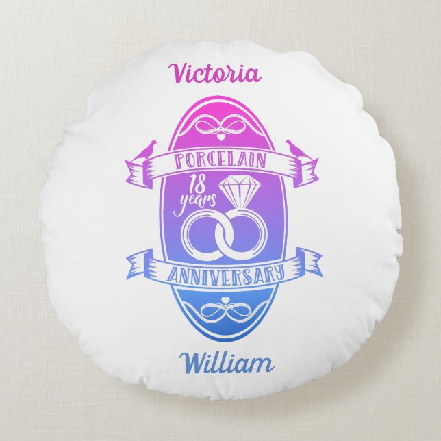 Almofada Redonda 18 anos de casamento tradicionais da Porcelana (Frente)