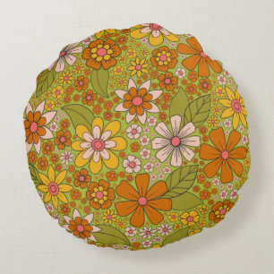 Almofada Redonda 1960, 1970 Retro Floral Verde e Laranja