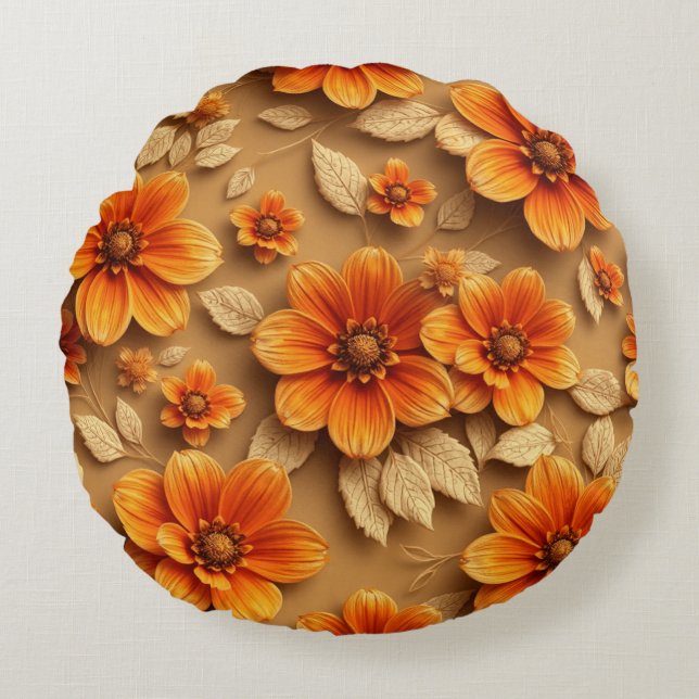 Almofada Redonda 3d travesseiro decorativo de flores laranja queima (Frente)