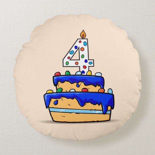 Almofada Redonda 4 de aniversário, 4 de Bolo Azul Doce (Frente)