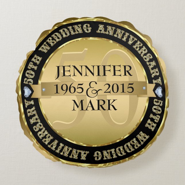 Almofada Redonda 50º Aniversário Metálico Dourado e Preto 2 (Frente)