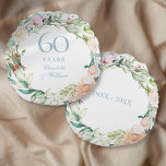 Almofada Redonda 60ª Rosas de aniversário de casamento de Diamond G<br><div class="desc">Com uma delicada granja floral de aquarela,  este travesseiro botânico de 60 anos de casamento pode ser personalizado com sua informação especial de aniversário em elegante texto azul de diamante. Projetado por Thisnotme©</div>