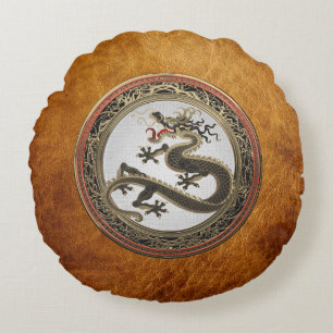 Almofada Redonda [600] Dragão Oriental Dourado e negro