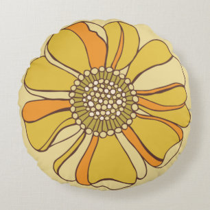 Almofada Redonda 70s - Laranja retrô e flor Dourada
