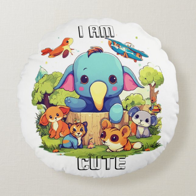 Almofada Redonda A ilustração de desenho animado de animais bonitos (Frente)