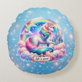 Almofada Redonda A Vida é Doce Unicórnio Arco-íris Castelo Travesse