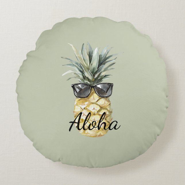Almofada Redonda Abacaxi Aloha Tropical Verde com Óculos de Sol (Frente)