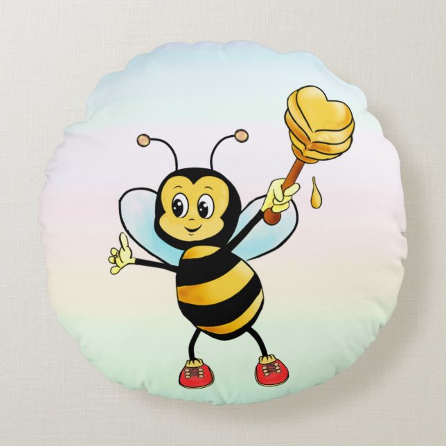 Almofada Redonda Abeja Melífera Fofa com Coração em Cor Pastel (Frente)