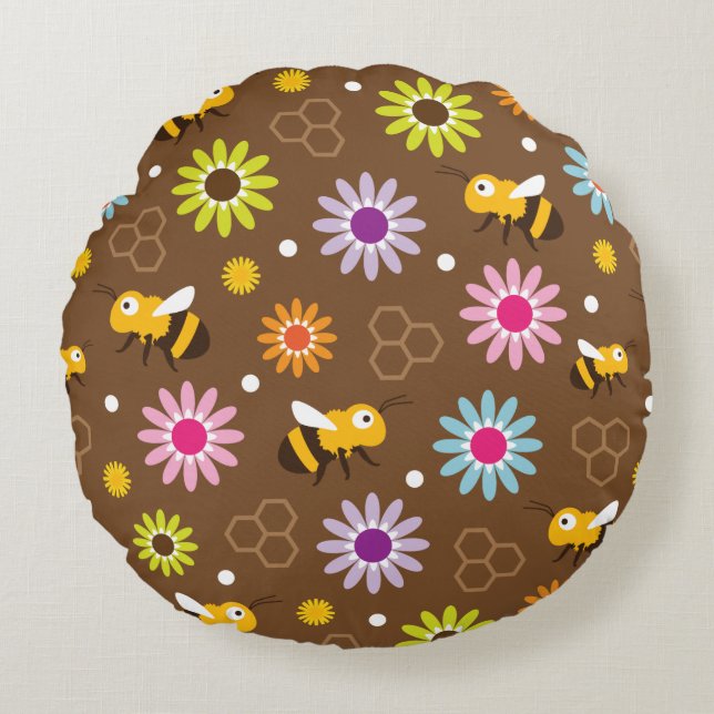 Almofada Redonda Abelhas e Flores (Frente)