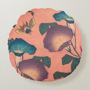 Almofada Redonda Abelhas e Flores - Arte Japonesa Rosa Floral