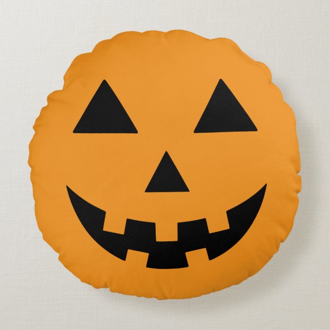 Almofada Redonda Abóbora de Halloween com Rosto de Jack O Lantern (Frente)