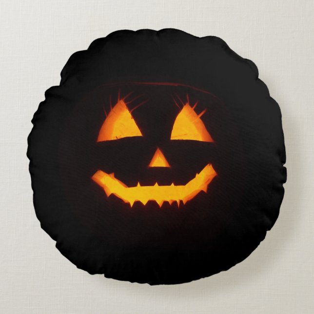 Almofada Redonda Abóbora de Halloween iluminada (Frente)