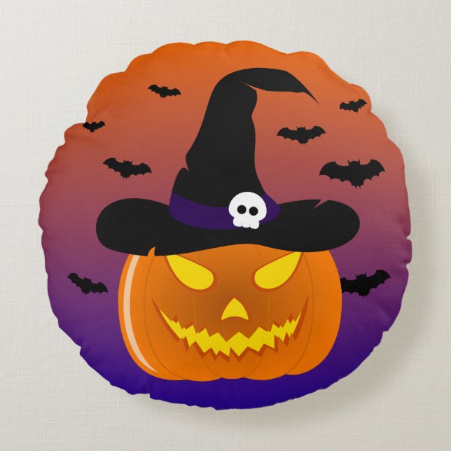 Almofada Redonda Abóbora de Halloween Jack o' Lantern Chapéu de Bru (Frente)