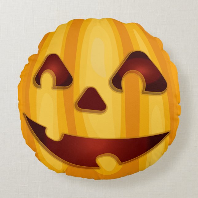 Almofada Redonda Abóbora esculpida sorrindo design de Halloween (Frente)