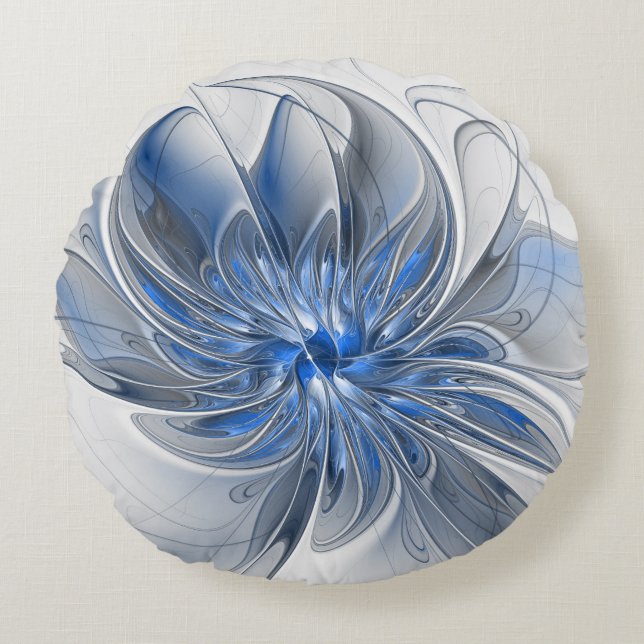Almofada Redonda Abstract Blue Gray Watercolor Fractal Art Flower (Frente)