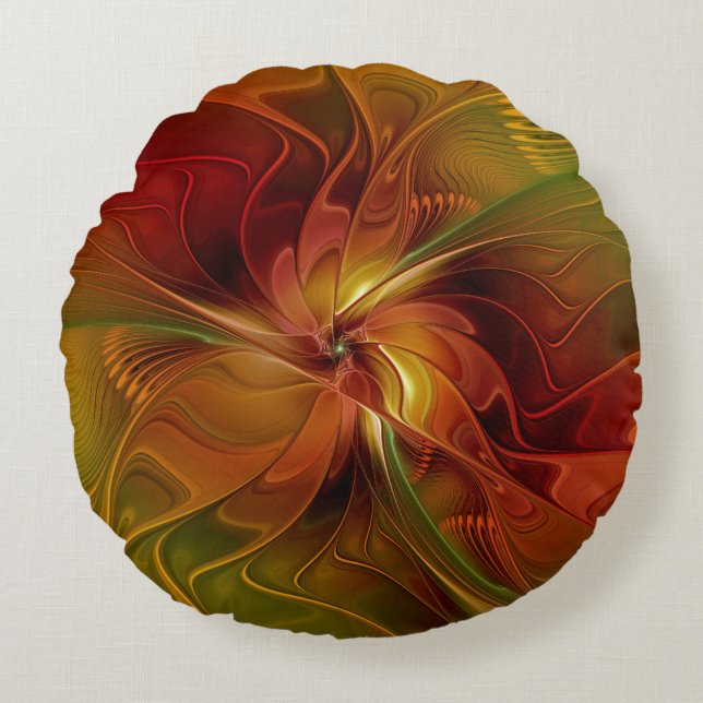 Almofada Redonda Abstract Red Orange Brown Green Fractal Art Flower (Frente)