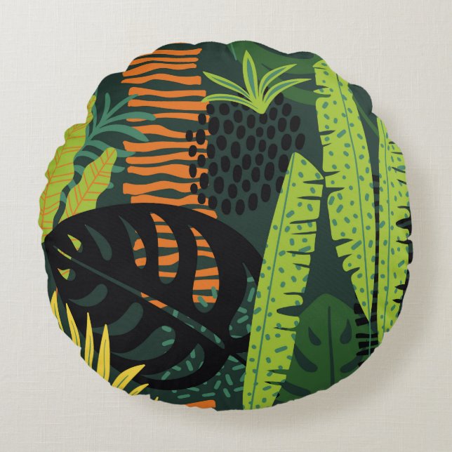 Almofada Redonda Abstract seamless pattern with tropical leaves. Ha (Frente)