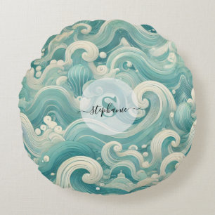 Almofada Redonda Abstrato Aqua Blue & White Wave - Arte Fluida Mode