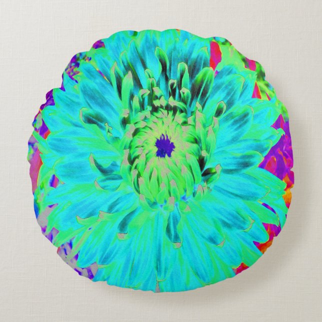 Almofada Redonda Abstrato Aqua Decorative Dahlia Flower (Frente)