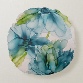 Almofada Redonda Abstrato azul colorido e Arte Floral Verde