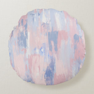 Almofada Redonda Abstrato Blush e Traços de Tinta Azul