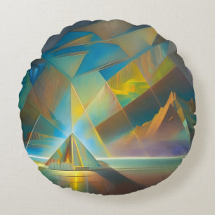 Almofada Redonda abstrato de arte dourada e pirâmide azul