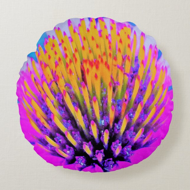 Almofada Redonda Abstrato Macro Rosa Quente e Amarelo Coneflower (Frente)