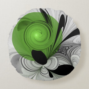 Almofada Redonda Abstrato preto e branco com arte frontal verde