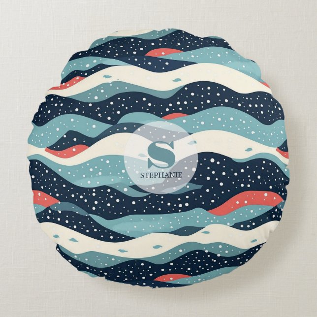 Almofada Redonda Abstrato Wavy Lines com pontos de floco de neve (Frente)