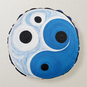 Almofada Redonda Abstrato Yin Yang: Modernista Azul e Branco