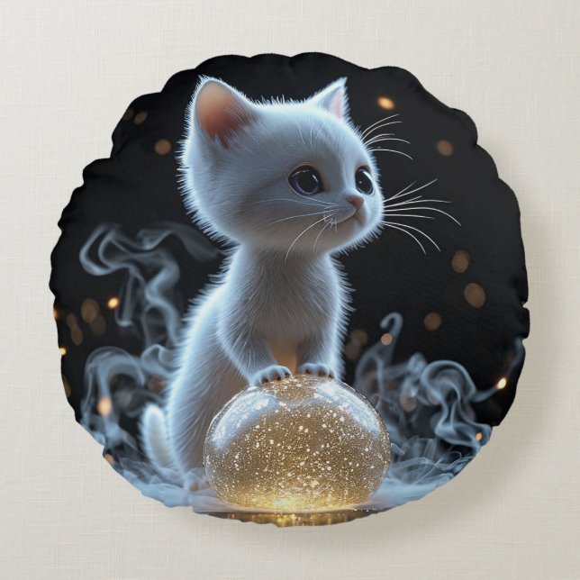 Almofada Redonda Adorável gatinho branco com brilho místico (Frente)