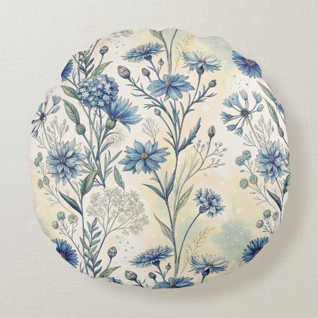 Almofada Redonda Aesthetic Blue Wildflowers (Frente)