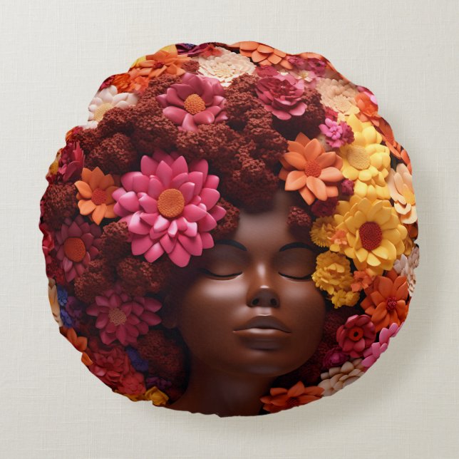 Almofada Redonda Afro-americana Rainha Negra Melanin Poppin (Frente)