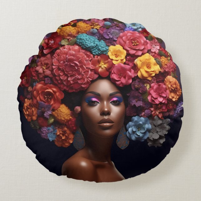 Almofada Redonda Afro-americana Rainha Negra Melanin Poppin (Frente)