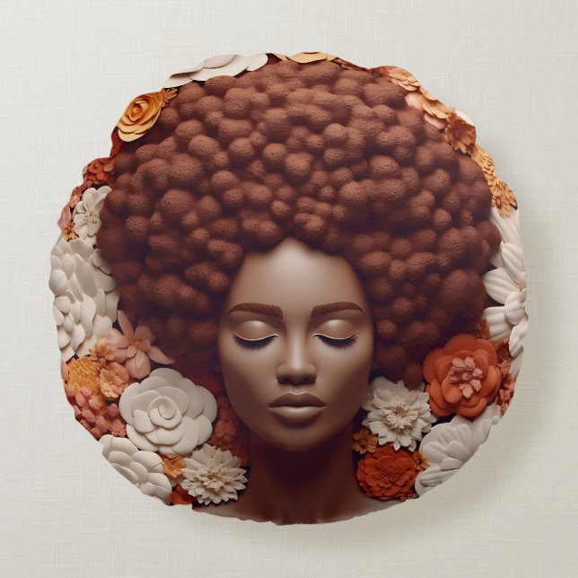 Almofada Redonda Afro-americana Rainha Negra Melanin Poppin (Frente)