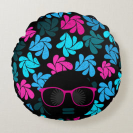 Almofada Redonda Afro Diva Turquesa & Rosa Quente