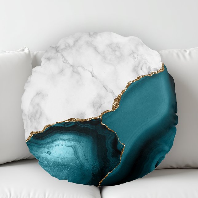 Almofada Redonda Agato Teal Marble Branco (Criador carregado)