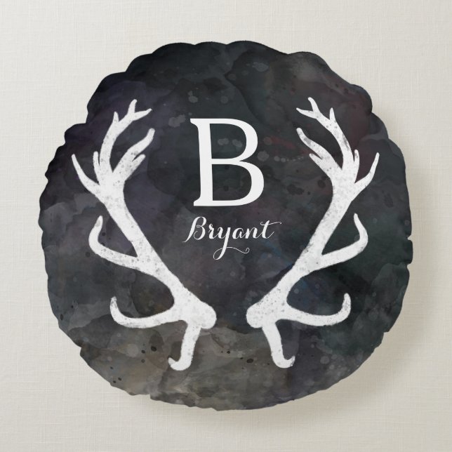 Almofada Redonda Aguarela da cor escura, monograma rústico do (Frente)