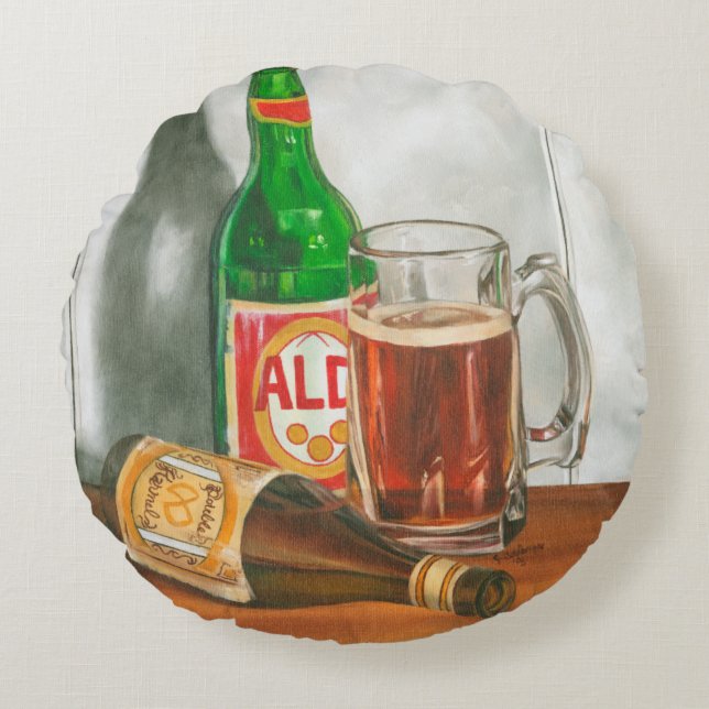 Almofada Redonda "Ainda com a cerveja" por Jennifer Goldberger (Frente)