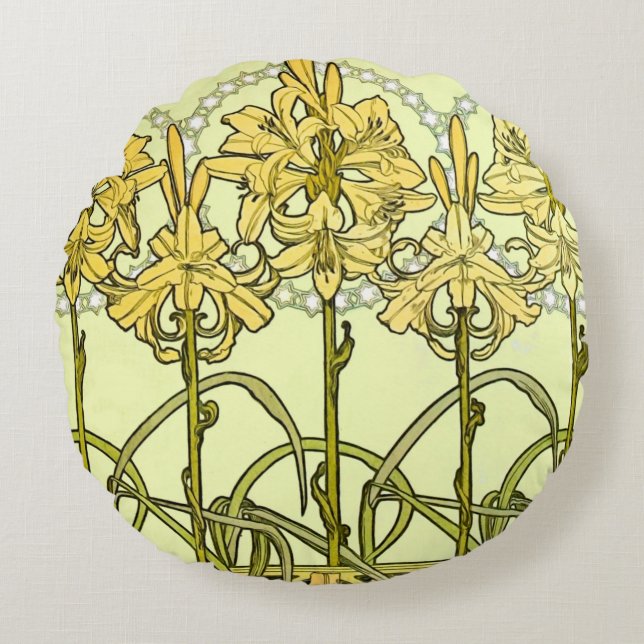Almofada Redonda Alfonse Mucha Art Nouveau Lily Padrão Floral (Frente)