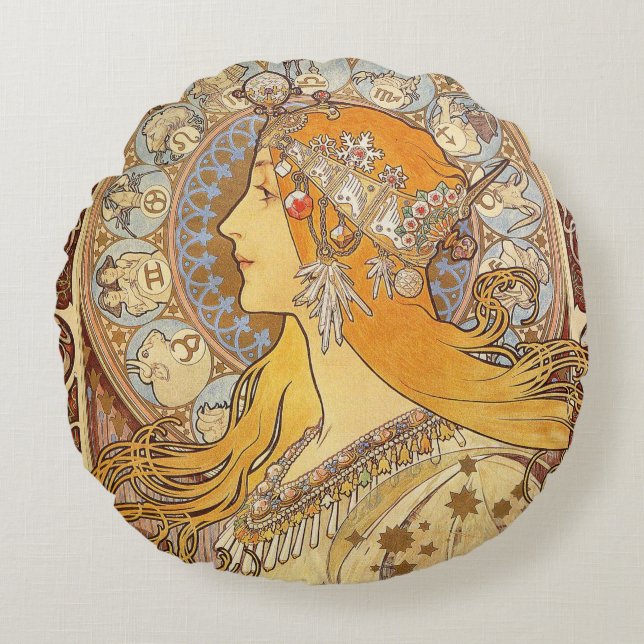 Almofada Redonda Alfonse Mucha Zodiac Art Nouveau Mulher (Frente)