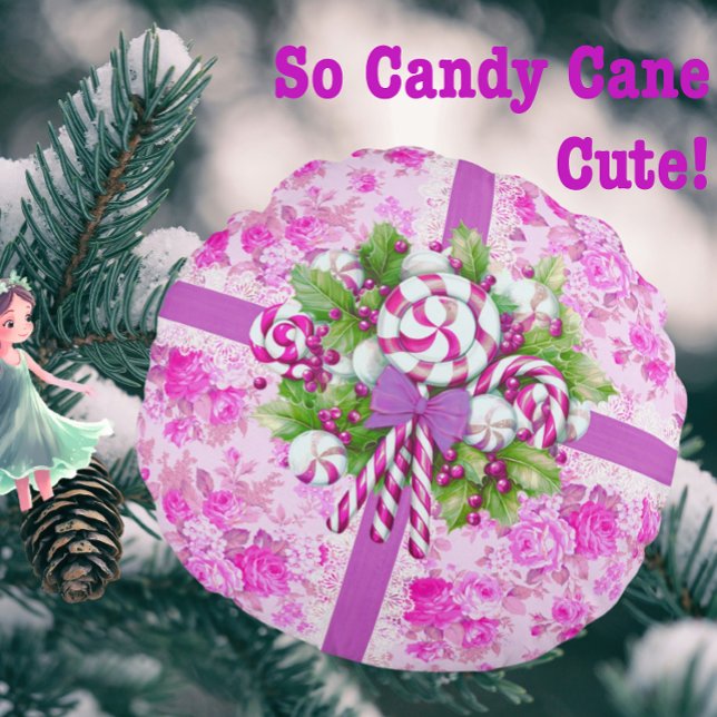 Almofada Redonda Algodão doce, rosa e púrpura, Natal (This round pillow makes a sweet Christmas statement!)