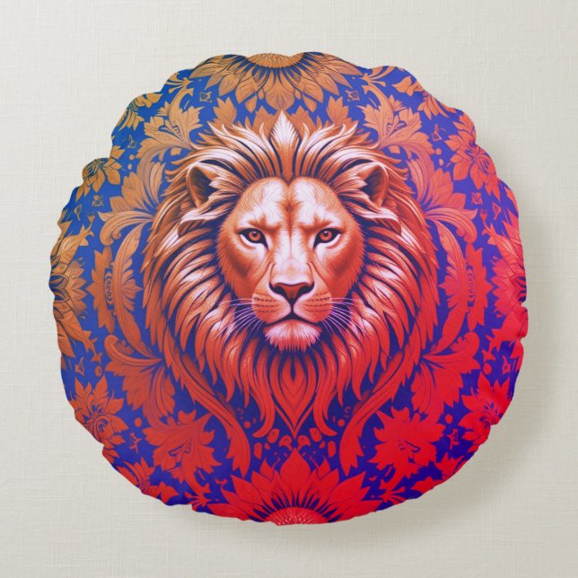 Almofada Redonda Algodão Lion De Flores De Grau A (Frente)