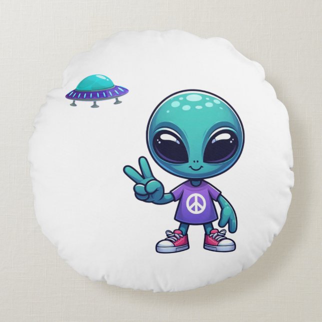Almofada Redonda Alienígena de paz e nave espacial (Frente)