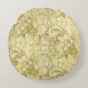 Almofada Redonda Alphonse Mucha Peonias Padrão Floral Art Nouveau