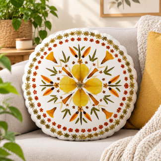 Almofada Redonda Amarela Mandala Flor Prensada Da Arte Original