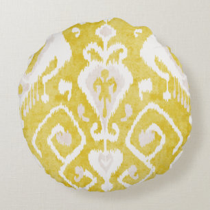 Almofada Redonda Amarelo-chico e cinza damasco padrão tribal ikat