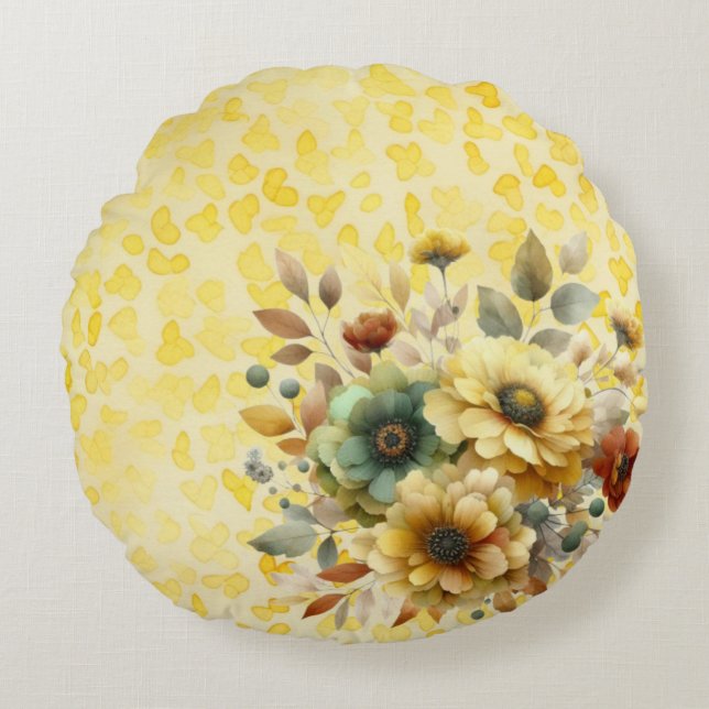 Almofada Redonda Amarelo e Terra Blooms Watercolor (Frente)