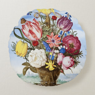 Almofada Redonda Ambrosius Bosschaert Buquê de Flores numa Margem