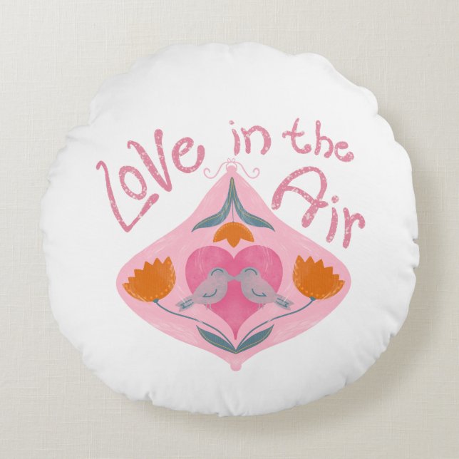 Almofada Redonda Amor com pássaros e flores namorados (Frente)